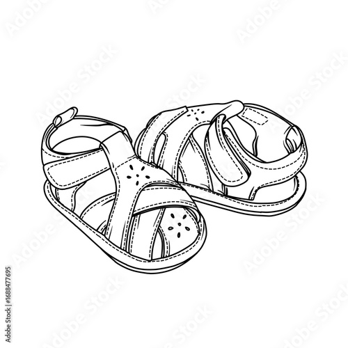 Illustration of two baby sandals, featuring a strap design and a hook and loop closure, perfect for little feet