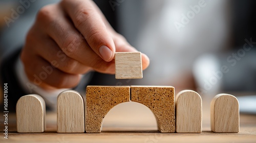 Human Hand Assembling Wooden Bridge Structure - Collaborative Engineering Concept, Infrastructure Development Theme, Tactile Construction Process, Interlocking Component Design