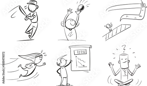 Vector art of six handdrawn cartoon sketches illustrating various actions and emotions