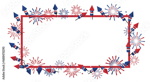 Festive fireworks border with rockets and sparklers in red, white, and blue