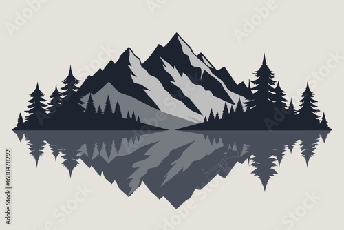 Illustration of Mountains and Pine Trees Reflected in Water, Serene Nature