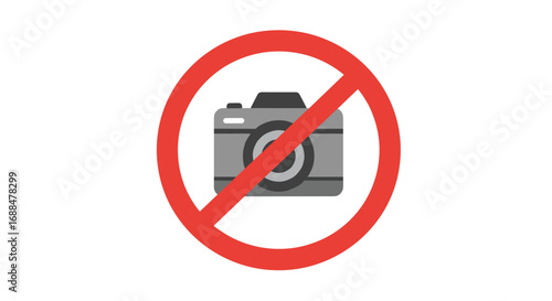 Camera prohibition sign with bold red circle and slash on white background