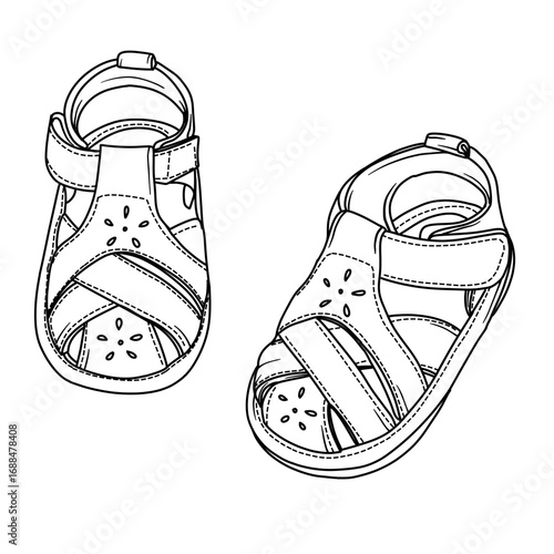 Detailed line drawing of two baby sandals, featuring adjustable straps, flower-shaped perforations, and a comfortable design for infants.