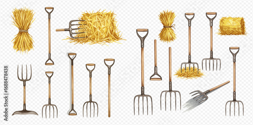 A detailed collection of farm implements, including various pitchforks and shovels, with hay bales, sheaves, and loose straw.