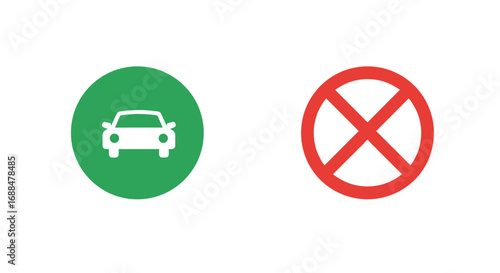 Green car permit icon and red no entry symbol for traffic signs