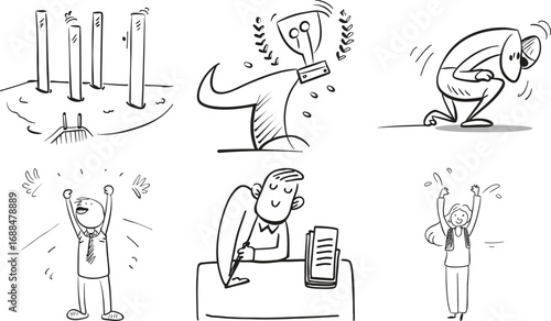 Vector art of set of six cartoon illustrations depicting business success and challenges