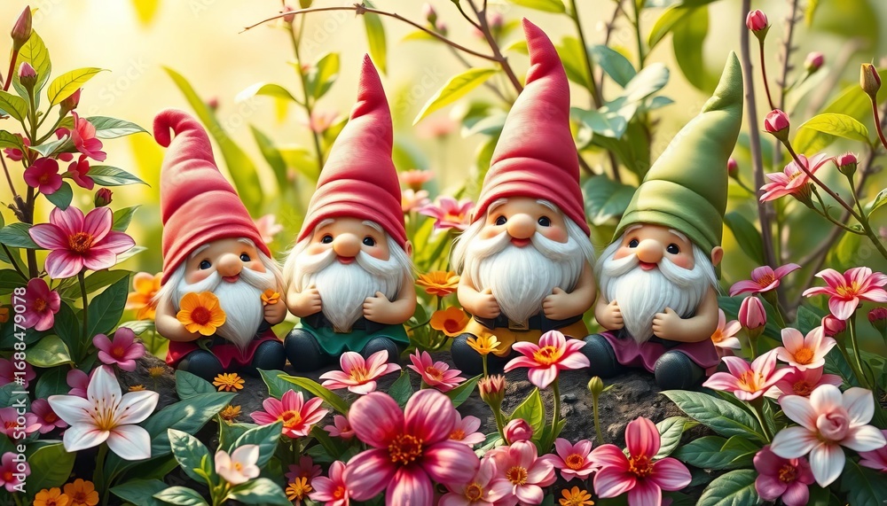 Adorable spring gnomes amidst blooming flowers and lush leaves, perfect for textile or paper prints, cute gnome, child Adorable spring gnomes amidst blooming flowers and lush leaves, perfect for textile or paper prints, cute gnome, child