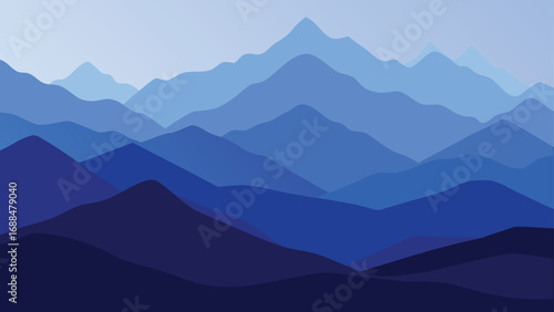 Monochromatic Blue Mountain Range Silhouette Landscape Serene, Minimalist, and Abstract Nature Illustration Background