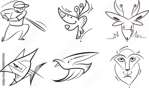 Vector art of collection of six stylized line art drawings of animals and a baseball player