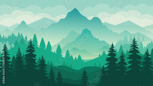 Mountain Landscape Illustration with Evergreen Trees and Foggy Sky Layers in Teal