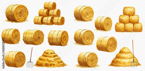A collection of cartoon farm hay bales, round and square stacks, haystacks, and pitchforks.