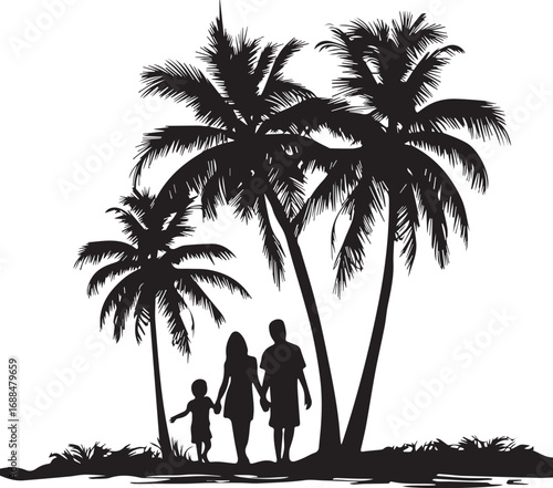 Family Silhouette Under Palm Trees: A silhouette of a family strolling beneath swaying palm trees, representing vacation and the joy of togetherness. Embrace family time!