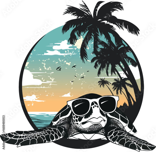 Coastal Relaxation: A cool cartoon sea turtle with sunglasses, enjoying a tropical scene, where palm trees sway and the sun kisses the sea. 