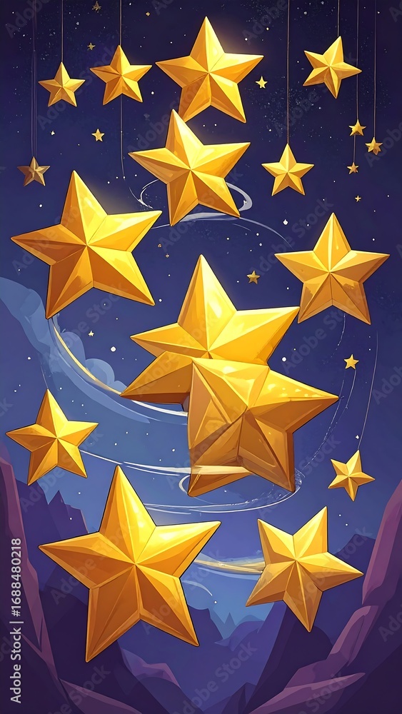 Obraz premium Golden stars hanging in a night sky over mountains