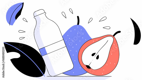 An abstract still life features a bottle alongside a vibrant pear and leaf motifs. The use of bold colors and simplified shapes creates a sense of playful modernity. AI generated.