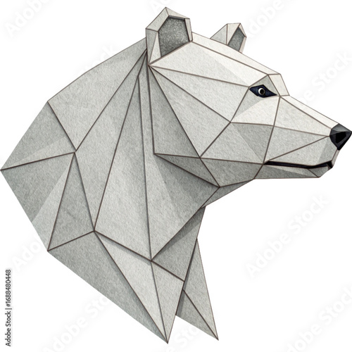 Elegant geometric polar bear head art, modern abstract wildlife design, striking polygonal animal portrait