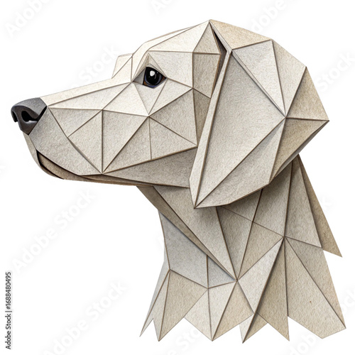 Stunning geometric origami dog portrait, modern artistic canine design, sophisticated pet art, clean minimalist style for decor