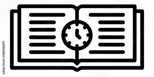 Open book with text lines and a clock in the center representing time management and reading schedule planning | editable eps vectors silhouette