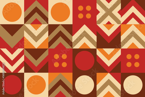 Retro Geometric Pattern Circles, Chevron Stripes, and Squares in Brown, Beige, Orange, and Red Tones