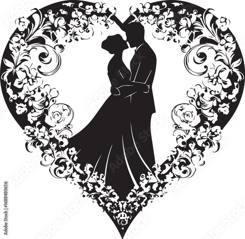 Eternal Embrace: A loving couple shares a tender kiss within a delicate heart-shaped frame of floral elegance, embodying the grace and romance of their union.
