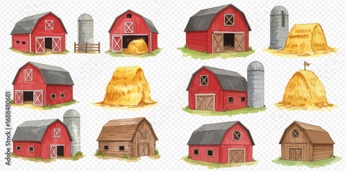 A charming watercolor collection of various farm buildings, including red barns, silos, and haystacks.
