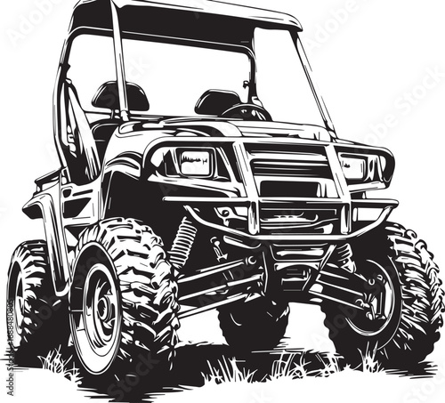 All-Terrain Vehicle: A robust all-terrain vehicle, a symbol of adventure, freedom and thrill, perfectly depicted in detailed monochromatic linework, invites exploration. 