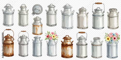 A charming watercolor collection of vintage metal milk cans, some rusty and old, others holding colorful flower bouquets.