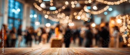 The wooden table in foreground with blurred festive crowd and bokeh lights