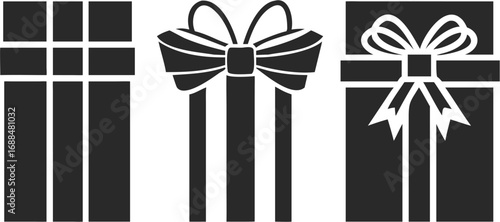 Three presents with different ribbon designs in black and white for holidays and special occasions vector | editable eps vectors silhouette
