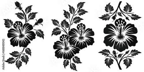 Three hibiscus flower arrangements in black and white with detailed leaves and floral elements design | editable eps vectors silhouette