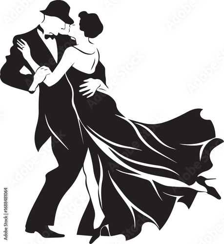 Elegant Tango Silhouette: A sophisticated couple, rendered in a timeless black and white silhouette, passionately dance the tango, their bodies intertwined in a display of grace, elegance.