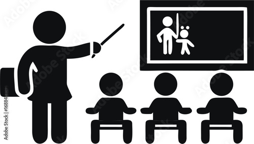 Illustration of a teacher with a pointer in front of students and a blackboard in a classroom setting | editable eps vectors silhouette