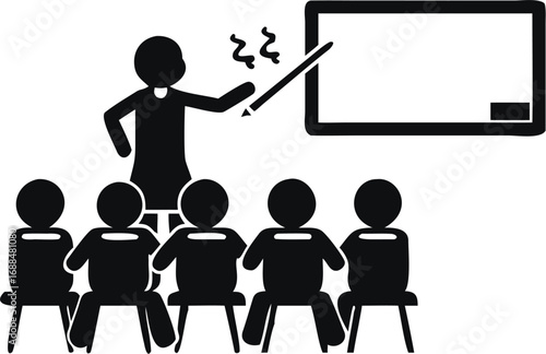 A teacher is teaching a class of students using a whiteboard in a classroom setting illustration | editable eps vectors silhouette