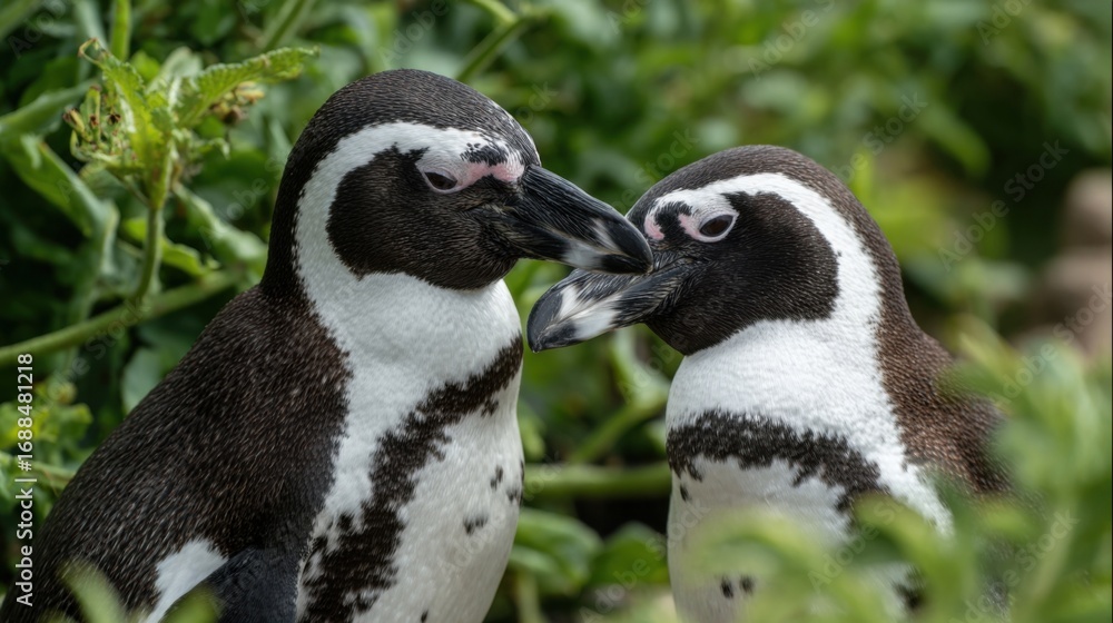 Obraz premium Two African penguins are seen engaging affectionately in a vibrant green setting, surrounded by foliage under bright daylight, showcasing their playful nature.