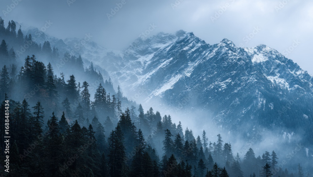 Obraz premium Misty mountain range, snow-capped peaks, dense forest