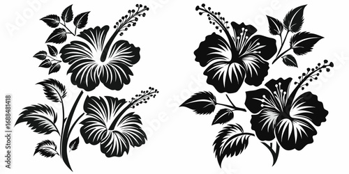 Two hibiscus floral arrangements with detailed leaves and stems in black and white silhouette design | editable eps vectors