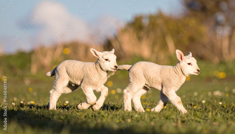 Obraz premium Two lamblings running in a field