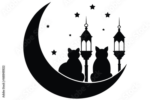 Silhouette Cats Under Starry Sky, Beside Lanterns on Crescent Moon