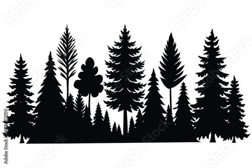 Silhouette Landscape Black and White of Pine Trees and Other Trees