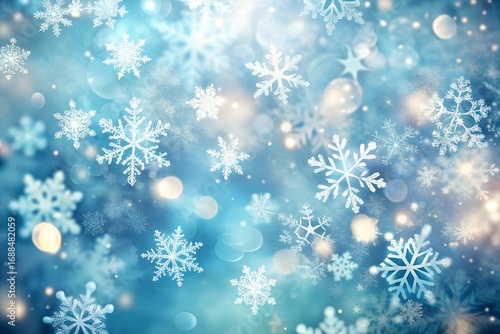 Winter Wonderland Abstract Blue Background with Snowflakes and Bokeh Lights