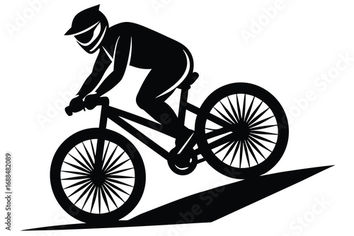 Silhouette Illustration of a Cyclist Riding a Mountain Bike Downhill on a Slope