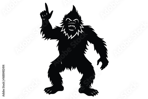Silhouette of Furry Bigfoot Pointing Upwards with Visible Fangs on White Background