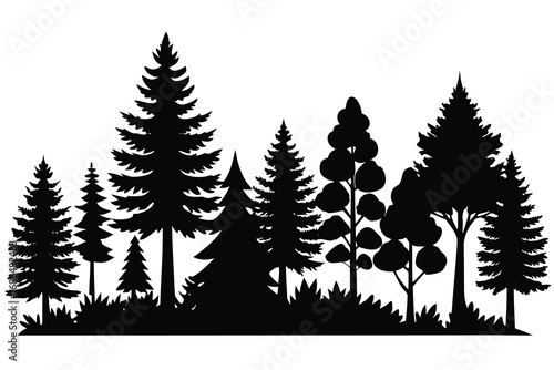 Silhouette of Trees and Bushes, Forest Scene, Illustration, Black and White Background