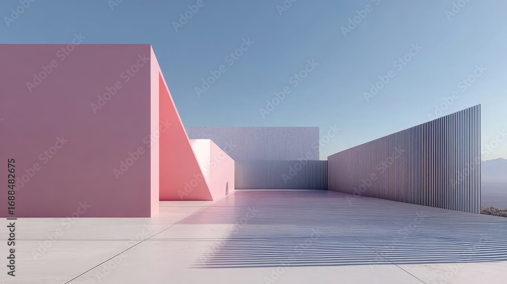 Obraz premium Minimalist Architectural Scene with Pink and White Geometric Walls Under a Clear Sky