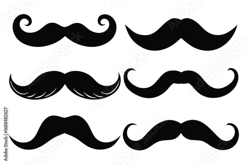 Six Black Moustache Styles Curly, Pointed, and Classic Mustache Collection Isolated on White