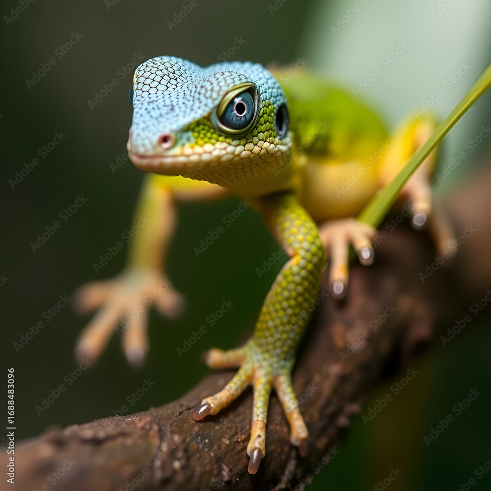Fototapeta premium Anolis extremus - Barbados anole lizard native to Barbados, introduced to Saint Lucia and Bermuda. Previously treated as a subspecies of Martinique anole, A. roquet, blue-gray head with blue eyelids