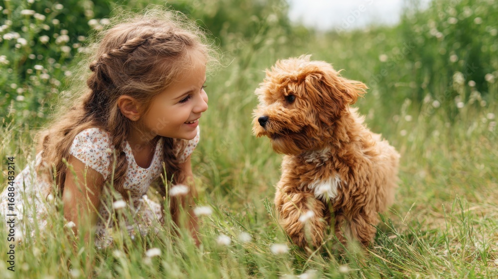 Fototapeta premium A young girl smiles as she plays with a fluffy puppy in a lush green meadow filled with wildflowers under the warm sun. They share a joyful, carefree moment together.