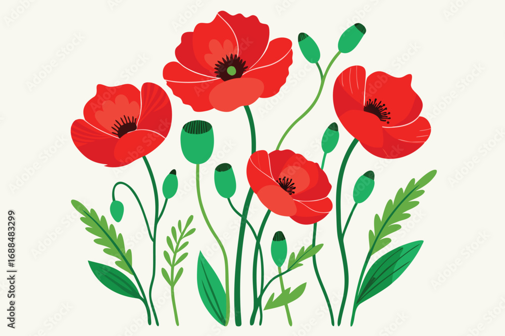 Obraz premium Stylized Red Poppies with Green Leaves and Seed Pods on Neutral Background