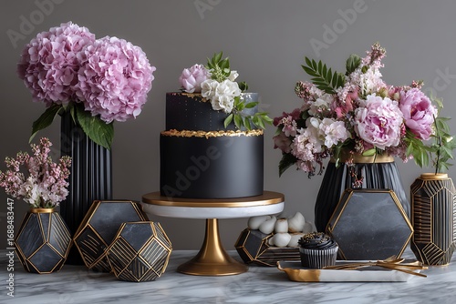 A chic modern birthday table featuring a sleek black cake with metallic gold piping, set against Art Deco-inspired geometric decor