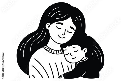 Tender Moment Mother with Long Hair Embracing Sleeping Child in Monochrome Illustration